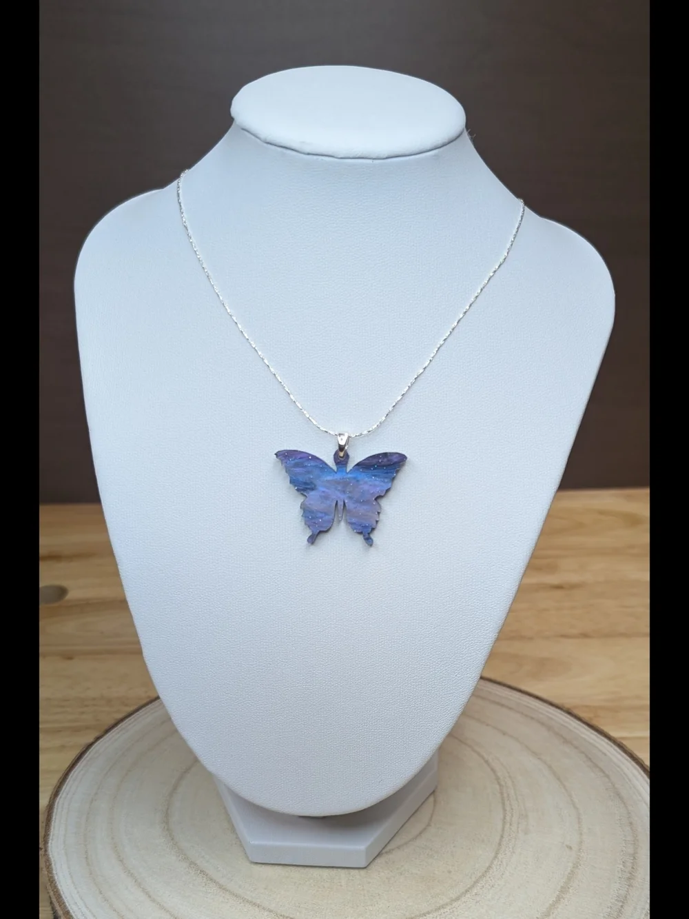 Blue Lavender Butterfly Necklace Reversible Pendant Silver Chain 16.5” + 2 
